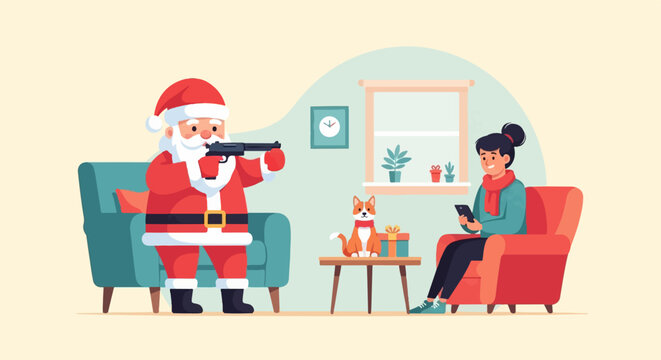 Christmas scene with Santa aiming a gun at a relaxed person with a dog