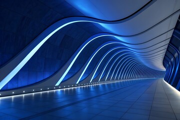 Fototapeta premium Futuristic Blue Neon Tunnel with Flowing Curves