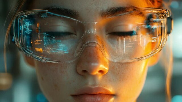 Close-up portrait of a woman wearing futuristic transparent safety glasses with digital interface overlay, conveying a sense of technology and innovation in a soft, warm lighting