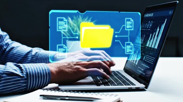 Business professional working on a laptop with a digital file folder icon displayed in the background, representing data management and organization in a modern office setting using technology.