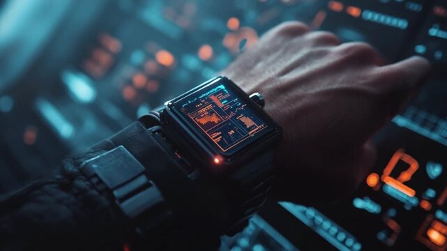 Close-up of a hand wearing a smartwatch with a digital display on a dark background with blue and orange lights.