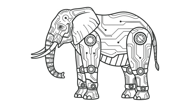 Mechanical Elephant: An elephant is transformed into a mechanical marvel, its form intricately overlaid with circuit patterns and robotic components.