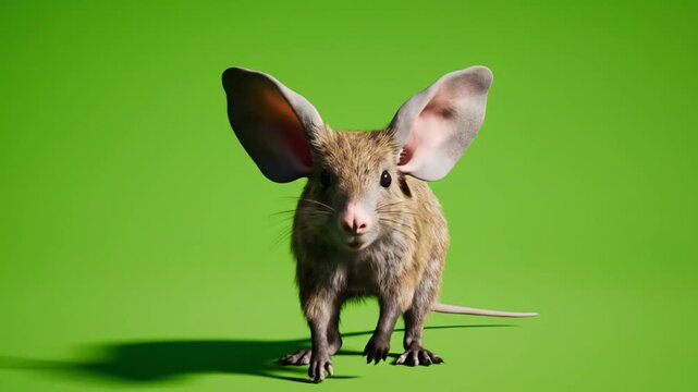 Detailed 3D render of a jerboa standing on a vibrant green background