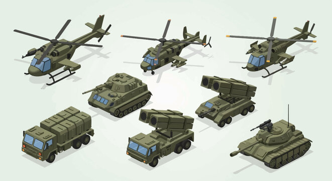 Collection of military vehicles and aircraft in isometric view