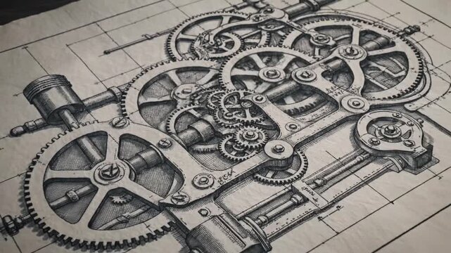 Detailed pen and ink drawing of intricate gears and mechanical parts on textured paper