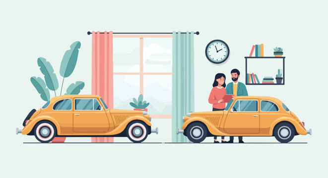 Couple inspecting vintage cars in a room with houseplants