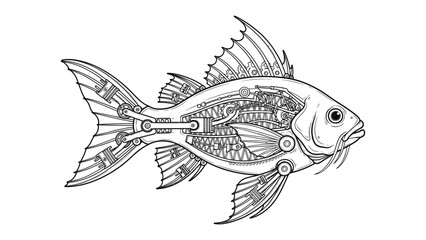 Fototapeta premium Mechanical Fish: A detailed, artistic illustration of a mechanical fish, showcasing intricate internal mechanisms, gears, and cogs, reflecting a fusion of nature and technology.
