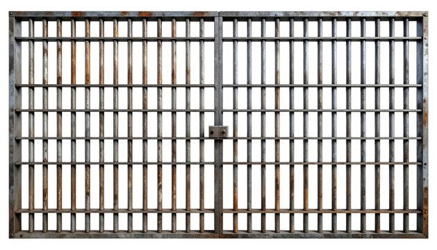 A weathered, double-door metal gate with vertical bars is shown. Rusty, aged, and slightly ajar, evoking feelings of confinement