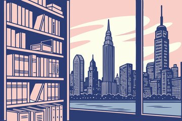 a bookshelf morphing into a city skyline at dusk