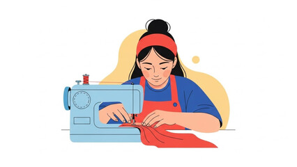 A focused woman sewing red fabric with a light blue sewing machine at her workstation
