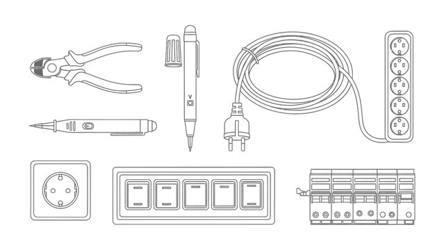 Electrical Tools Illustration: A comprehensive line art depiction of essential electrical tools, perfect for illustrating concepts of wiring, power, and circuitry.