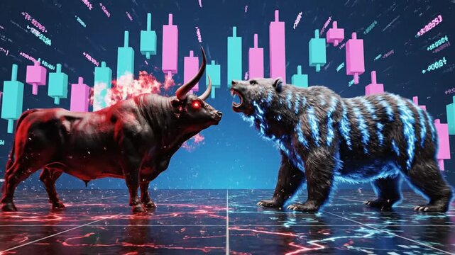 Digital bull and bear symbols face off on a conceptual trading floor with financial charts