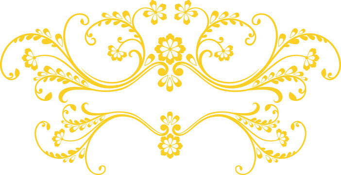 Elegant golden floral symmetrical flourish ornament with flowing decorative scrolls and flower motifs. Isolated on white background. Perfect for borders, frames, invitations, wedding design, certifica