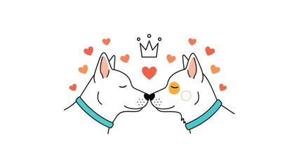 A loving embrace between two adorable canine companions surrounded by hearts and a royal crown