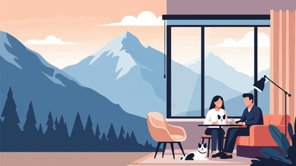 Obraz na płótnie Canvas Couple and cat relax indoors with mountain view