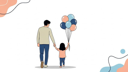 A loving father and his joyful daughter strolling together, holding hands and colorful balloons