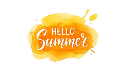 Vibrant watercolor splash design with 'hello summer' text on a cheerful orange background