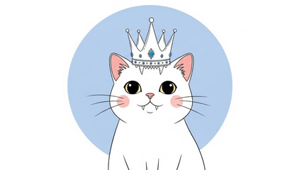 A charming white cat wearing a magnificent crown, illustrated with playful details and a friendly expression