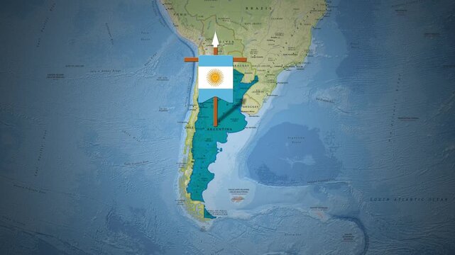 Argentina's national flag animation is planted firmly on south america map