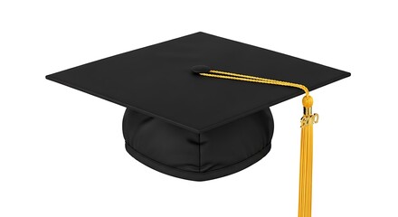 Black graduation cap with gold tassel on white background academic ceremony