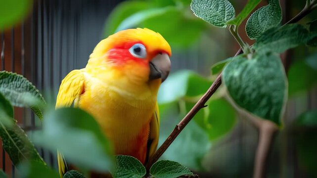 Vibrant Sun Conure Perched on Branch.