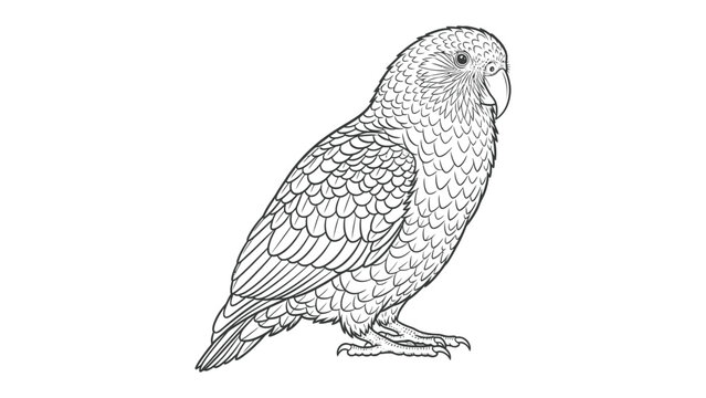 Kakapo Line Art: An exquisite line drawing showcases the unique form and feather detail of a Kakapo. Its iconic form is perfectly captured in monochrome elegance. 