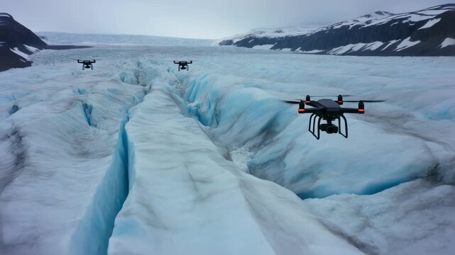 drones flying over Snowy Glacier Landscape