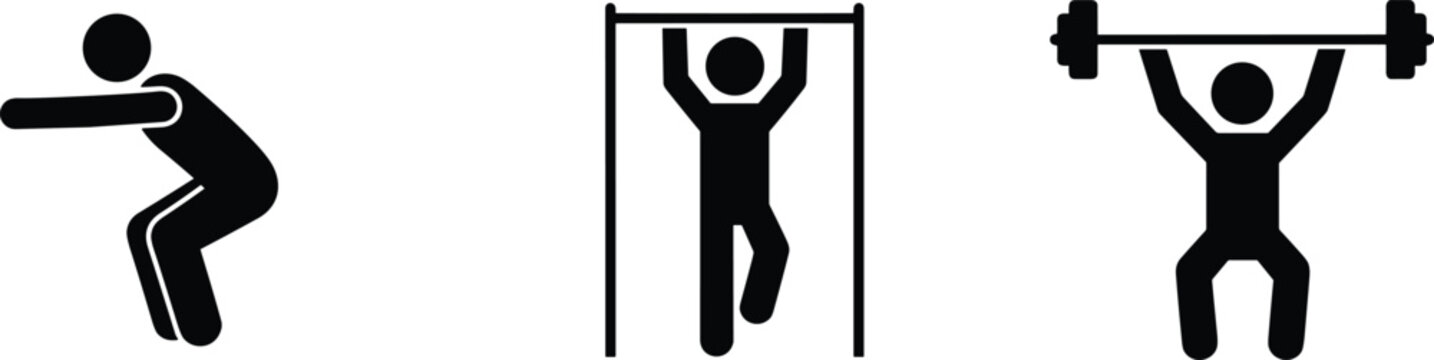 Fitness exercise icons set squat pull up weightlifting gym workout training silhouettes isolated black vector illustration