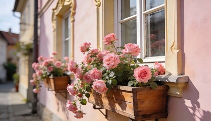 Fototapeta premium Pink Roses Blooming in Wooden Window Boxes on Pastel House – Charming European Street Scene