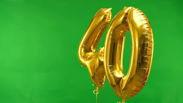 3D Metallic Golden Number 40 Balloon Floating on Green Screen