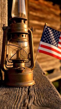 Vintage oil lamp with American flag miniature on rustic wooden surface emphasizing nostalgic patriotism and historical ambiance