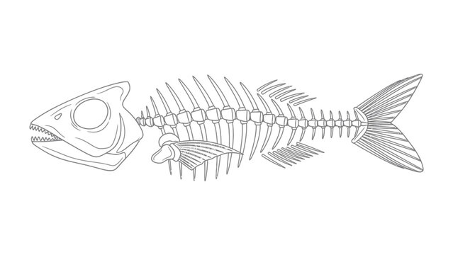 Fish Skeleton Illustration: A detailed outline of a fish skeleton, perfect for educational and scientific illustrations, revealing the intricate bone structure of aquatic life.
