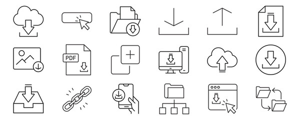 Fototapeta premium Download set of web icons in line style. Upload and Download linear icon collection. Containing arrow, link, folder, download file, cloud storage, web button. Editable stroke