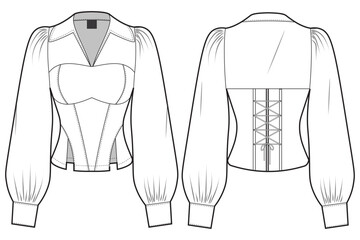 Woman pullover corset shirt technical fashion template. flat sketch lace up v neck collared blouse design, zipper, lace up, CAD drawing, slim fit mockup. © Bee