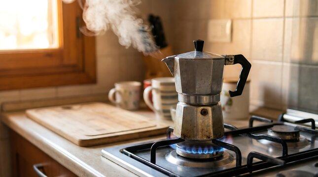 Steaming Moka Pot Brewing Fresh Coffee on a Gas Stove in a Cozy Kitchen, Evoking Morning Rituals and Aromatic Warmth