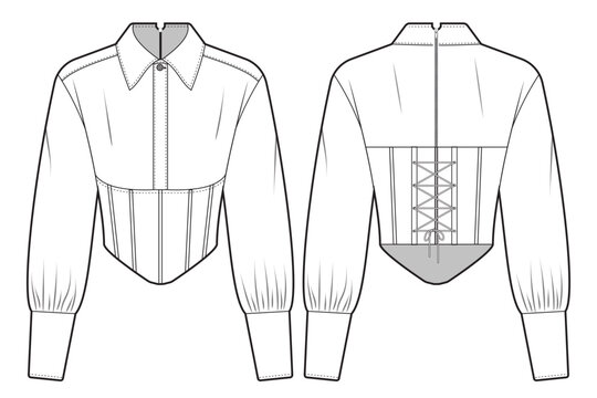 Woman zipper corset shirt technical fashion template. flat sketch  pullover collared blouse design, front and back, lace up, zipper, single button, CAD drawing slim fit mockup.