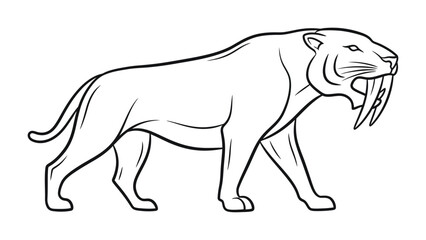 Obraz premium Ancient Predator Illustration: A detailed outline of a saber-toothed cat, a powerful prehistoric predator, prowling with a focused gaze and imposing fangs.