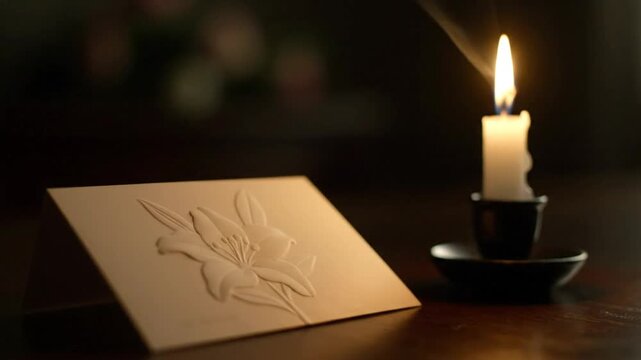 Candlelight with lily embossed greeting card on a wooden surface, ambient atmosphere
