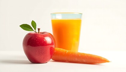 Fototapeta premium A glass of orange juice with a red apple and a carrot on a white background