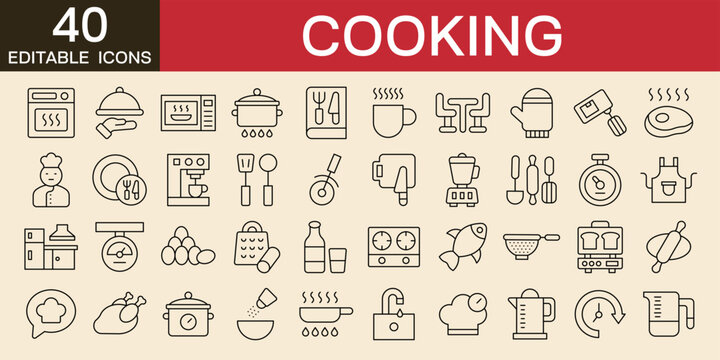 Cooking and kitchen icon set vector illustration with icons of tea, Frying pan, fork, knife, recipe book, microwave, stove, chef hat and cutting board, fish, meat, eggs, editable stroke line icons