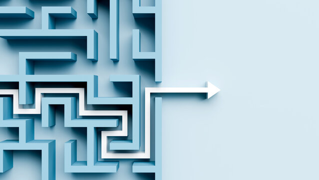 Strategic path finding through complexity, white arrow navigating blue maze to exit, 3d render