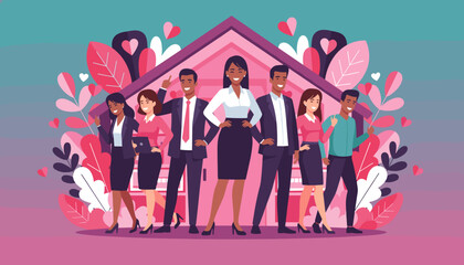 Diverse professional team stands confidently by a pink house Success real estate and positive community © Flat World Studio