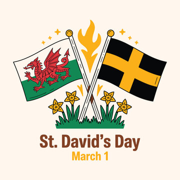 St Davids Day Flags with Daffodils March 1 Welsh flag