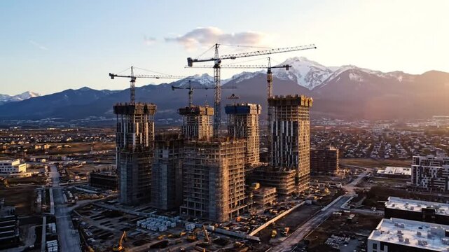 Aerial view of highrise buildings under construction with cranes against a mountain backdrop during sunset