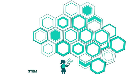 STEM Education Vector: Girl Student Interacting with Scientific Hexagon Network and Digital Technology for Future Learning