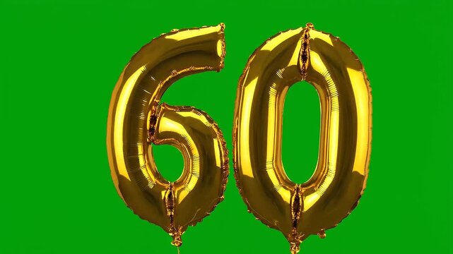 3D Golden number 60 foil balloon floating on green background