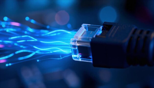 macro glowing blue fiber optic cable transmitting data perfect for world backup day