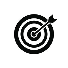 Black and white icon of a target with an arrow hitting the bullseye