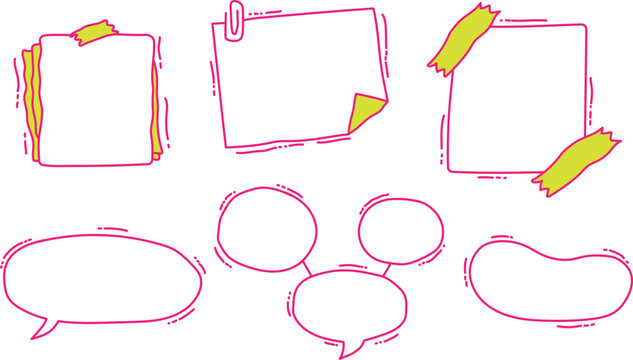 Collection of hand-drawn pink and yellow sticky notes, paper scraps, and speech bubbles for notes, messages, and planning.