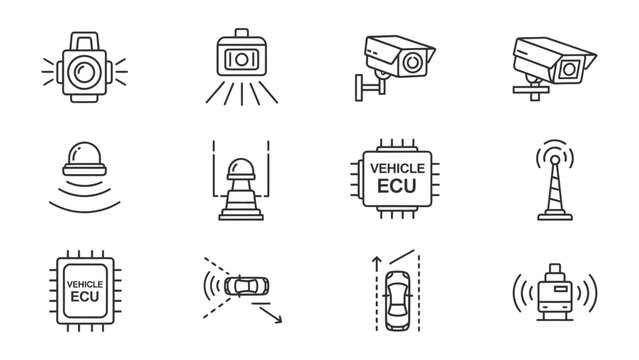 Intelligent Vehicle Systems: Collection of essential icons representing advanced automotive technology and autonomous driving capabilities, showcasing the future of transportation